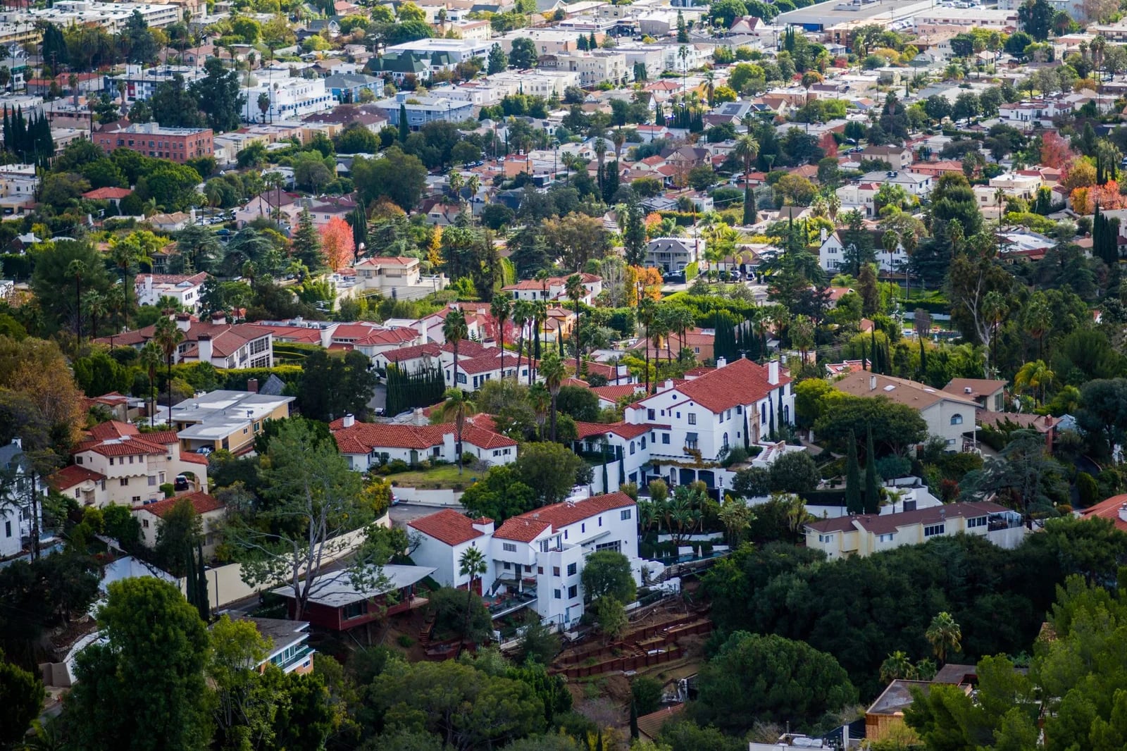 Discover the vibrant residential landscape of Los Angeles, CA from above.